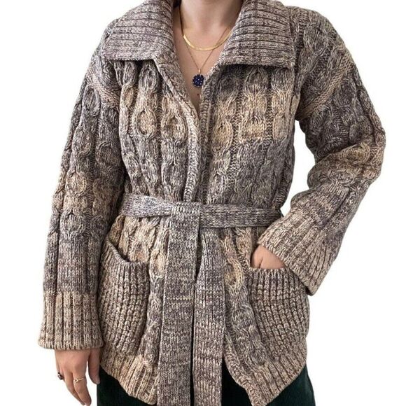 Vintage Womens Hand Knit Brown Wool Oversized Cable Fisherman Cardigan Sz L - Picture 5 of 9